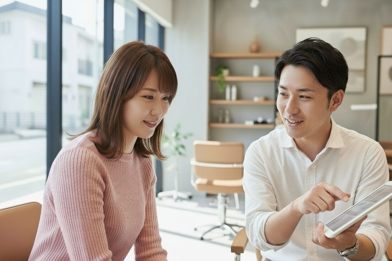美容室でスタイリストがタブレットを使って女性客にヘアスタイルを提案している様子。明るい店内で丁寧にカウンセリングを行っている。
