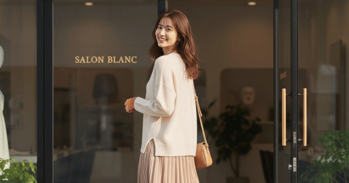 美容サロンの入口で振り返って笑顔を見せる女性。明るく落ち着いた雰囲気の店内が背景に映る。