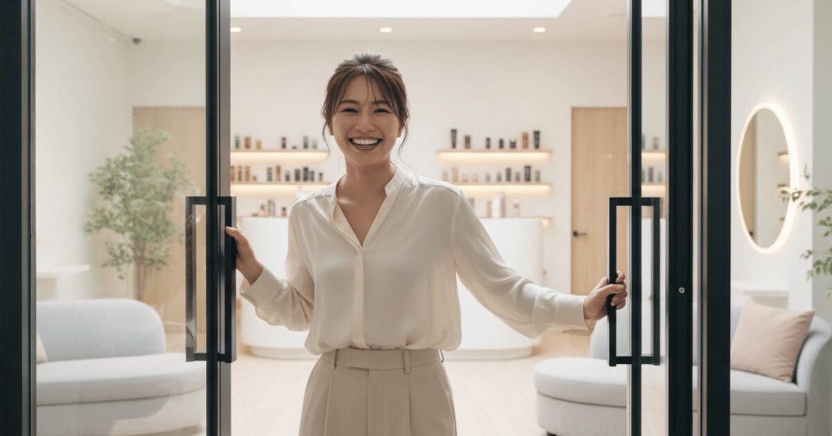 美容サロンの入り口で笑顔でお客様を迎える女性スタッフ