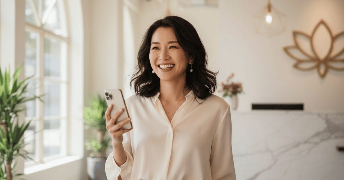 明るい室内でスマートフォンを手に笑顔を見せる女性。ナチュラルな雰囲気のカフェ風インテリア。