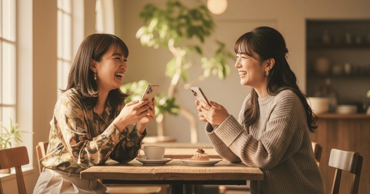 カフェでスマートフォンを見ながら笑い合う2人の女性