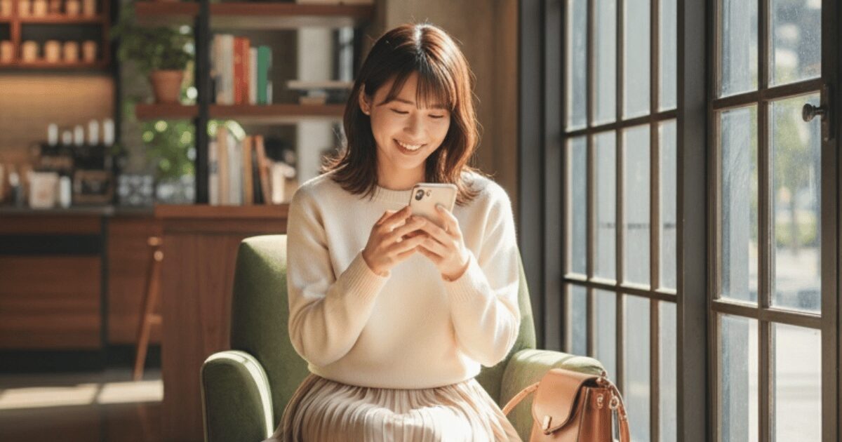 カフェでスマートフォンを見ながら笑顔になる女性