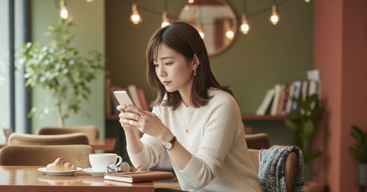 カフェでスマートフォンを見つめる女性