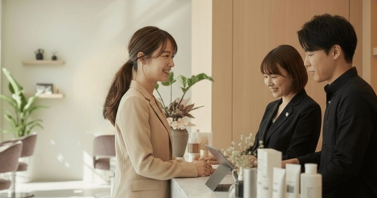 美容サロンの受付でスタッフが笑顔でお客様を迎えている様子