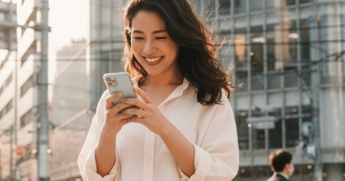 街中でスマートフォンを見ながら笑顔を見せる女性。明るい日差しの中でメッセージを楽しんでいる。