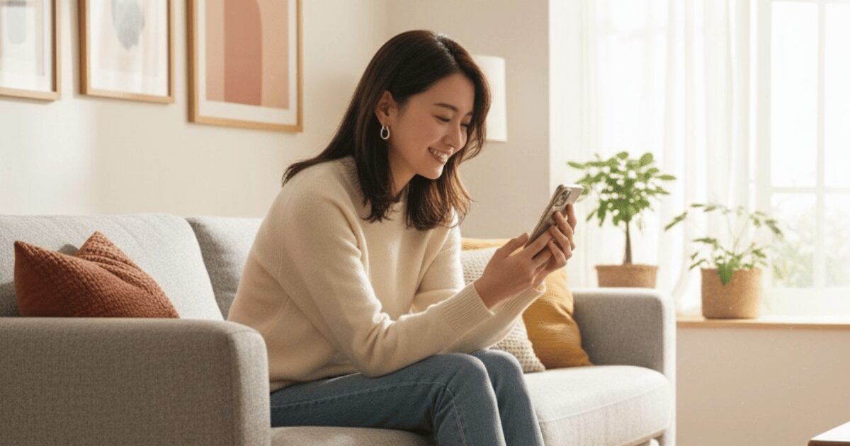 明るいリビングでスマートフォンを見ながら笑顔になる女性