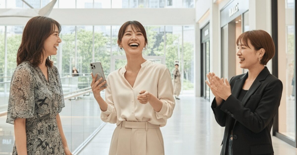 ショッピングモールで笑顔で会話する3人の女性