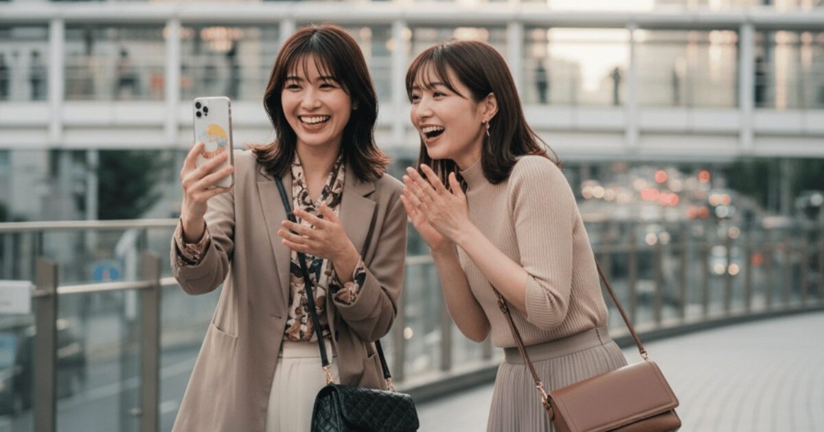 屋外でスマートフォンを見ながら笑顔で話す2人の女性。友人同士が楽しそうに会話している様子。