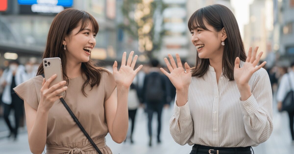 新宿の街中で笑顔で手を振り合う2人の日本人女性。スマートフォンを手に持ちながら再会を喜んでいる様子。
