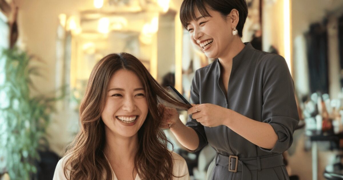 美容師が笑顔で女性客の髪を整えている様子。明るい店内で会話を楽しみながら施術している。