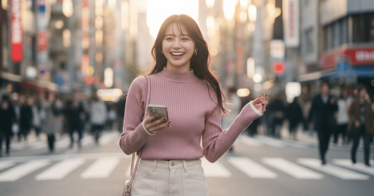 街中でスマートフォンを持ちながら笑顔を見せる女性