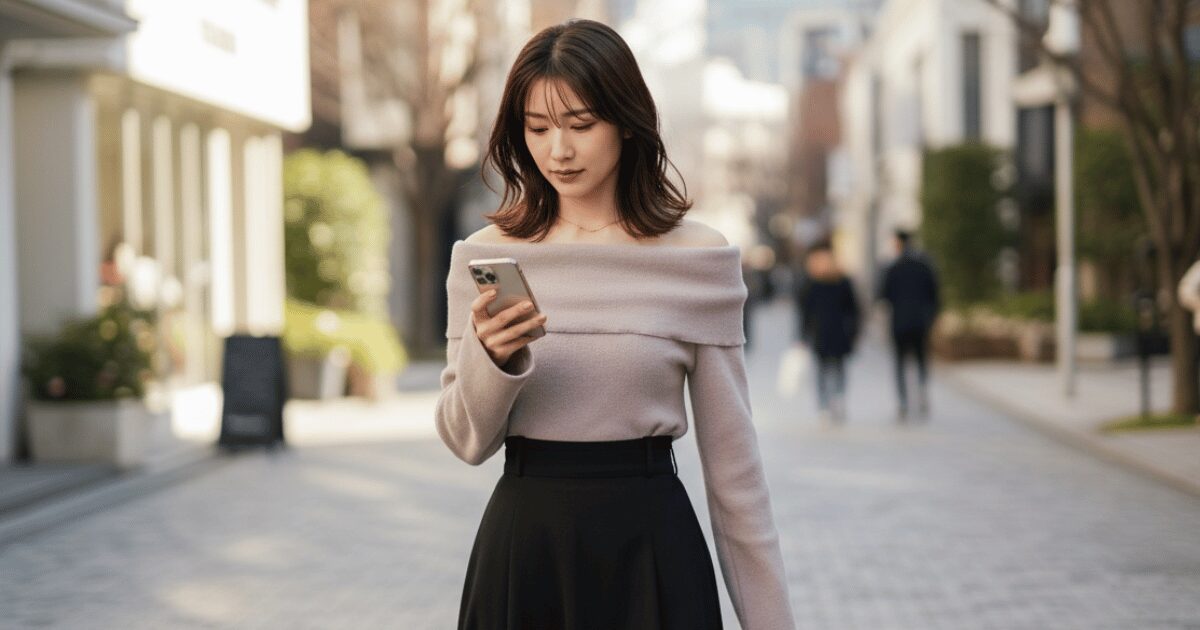 街中を歩きながらスマートフォンを見つめる女性