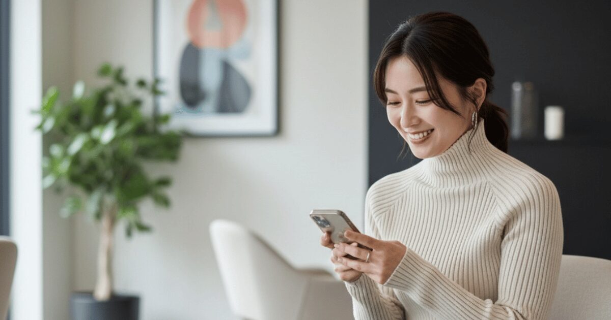 室内でスマートフォンを操作しながら笑顔を見せる女性