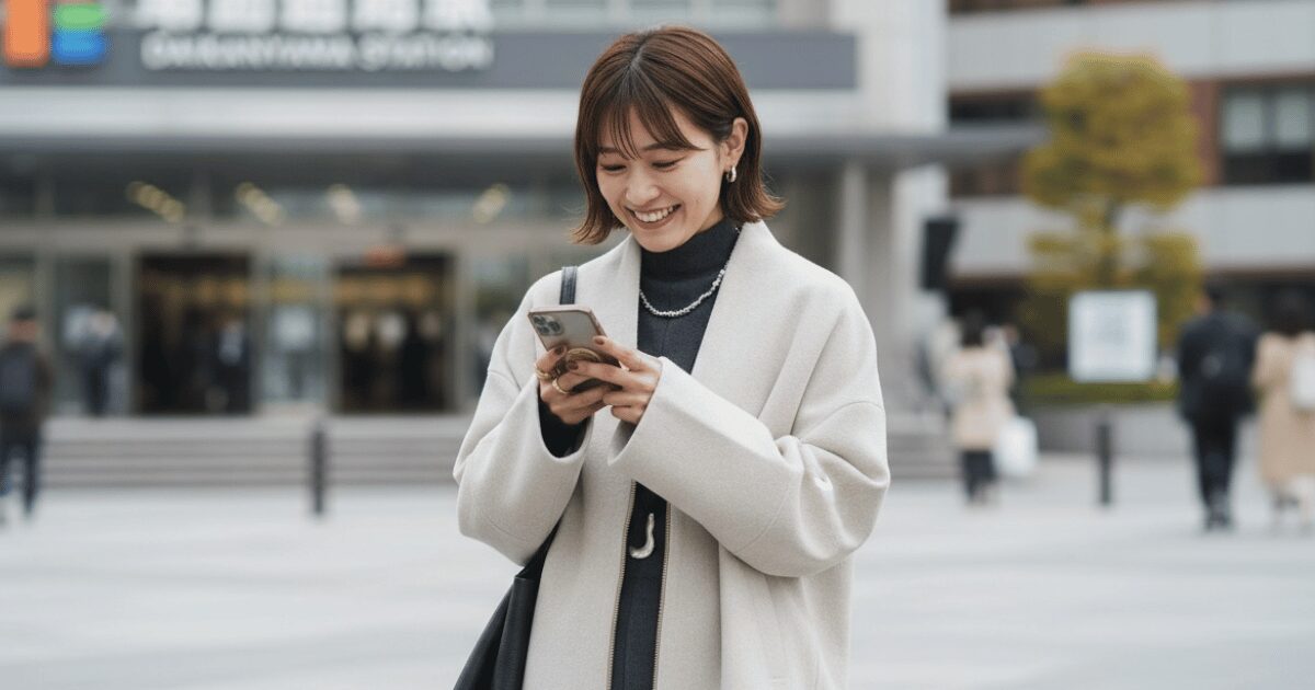 駅前でスマートフォンを見ながら笑顔を見せる女性