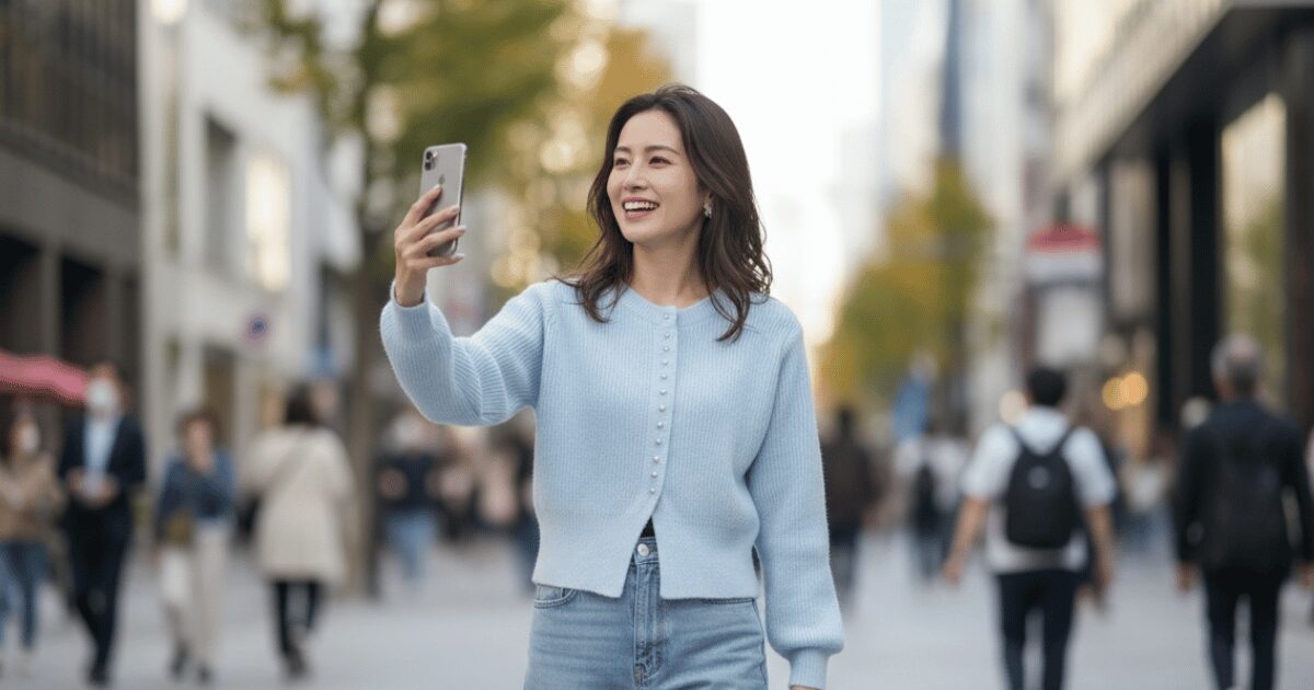 街中でスマートフォンを持ち笑顔で自撮りをする女性