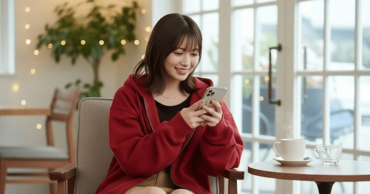 カフェでスマートフォンを見ながら微笑む女性。赤いパーカーを着てリラックスした時間を過ごしている。