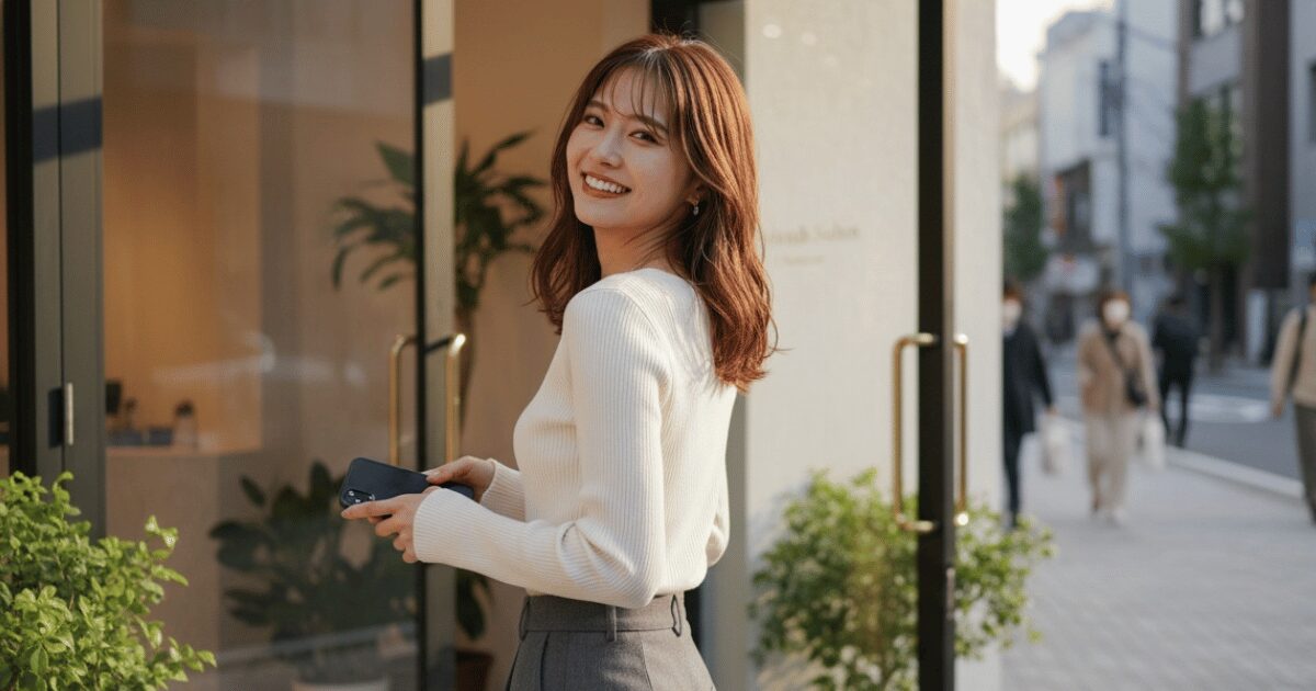 美容サロンの前で笑顔で振り返る女性スタッフ