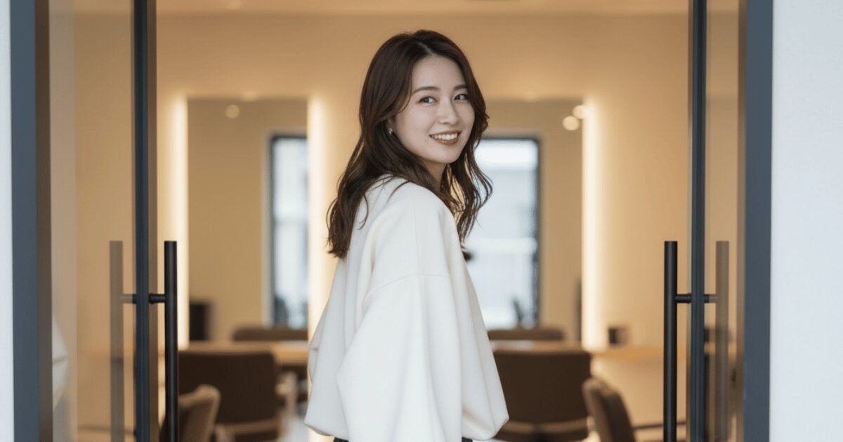 美容サロンの入り口で振り返り笑顔を見せる女性スタッフ