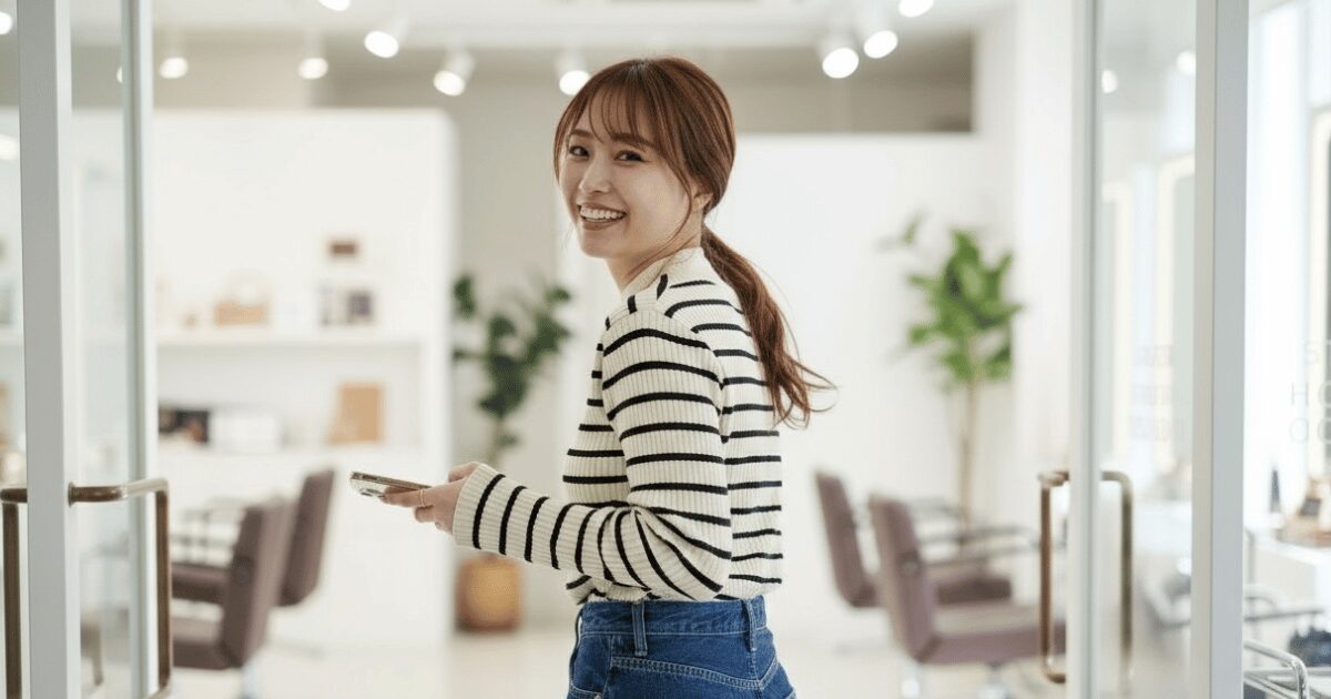 美容サロンの入り口で振り返り笑顔を見せる女性スタッフ
