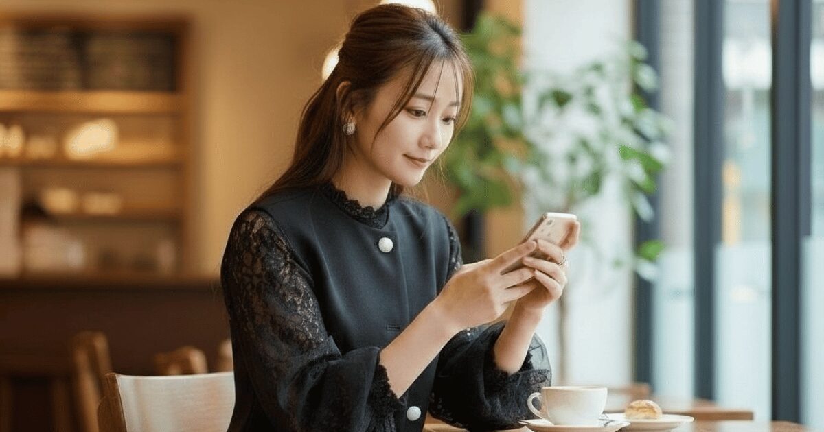 カフェでスマートフォンを操作する女性スタッフ