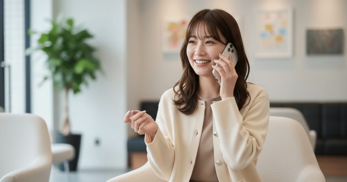 室内でスマートフォンを耳に当てて笑顔で話す女性