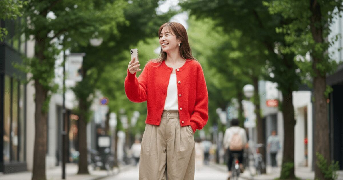 街中でスマホを手に笑顔で歩く女性の様子
