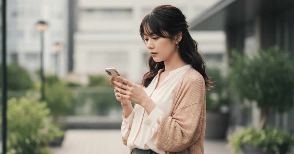 スマートフォンを見つめながらSNSを確認する女性。落ち着いた雰囲気で発信や運用を考える様子。
