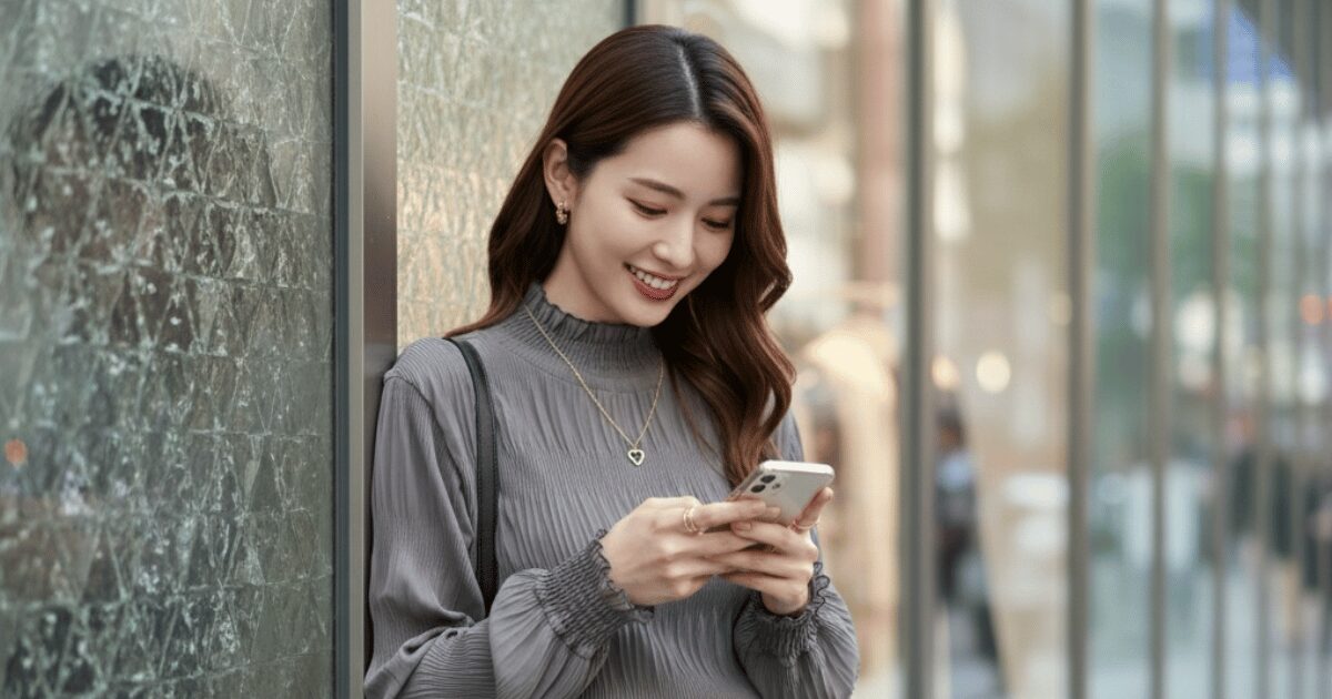 街中でスマートフォンを見ながら笑顔を見せる女性