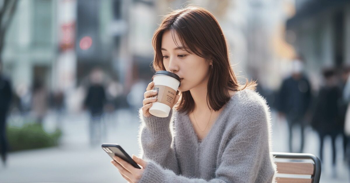 カフェのテラスでコーヒーを飲みながらスマートフォンを見る女性