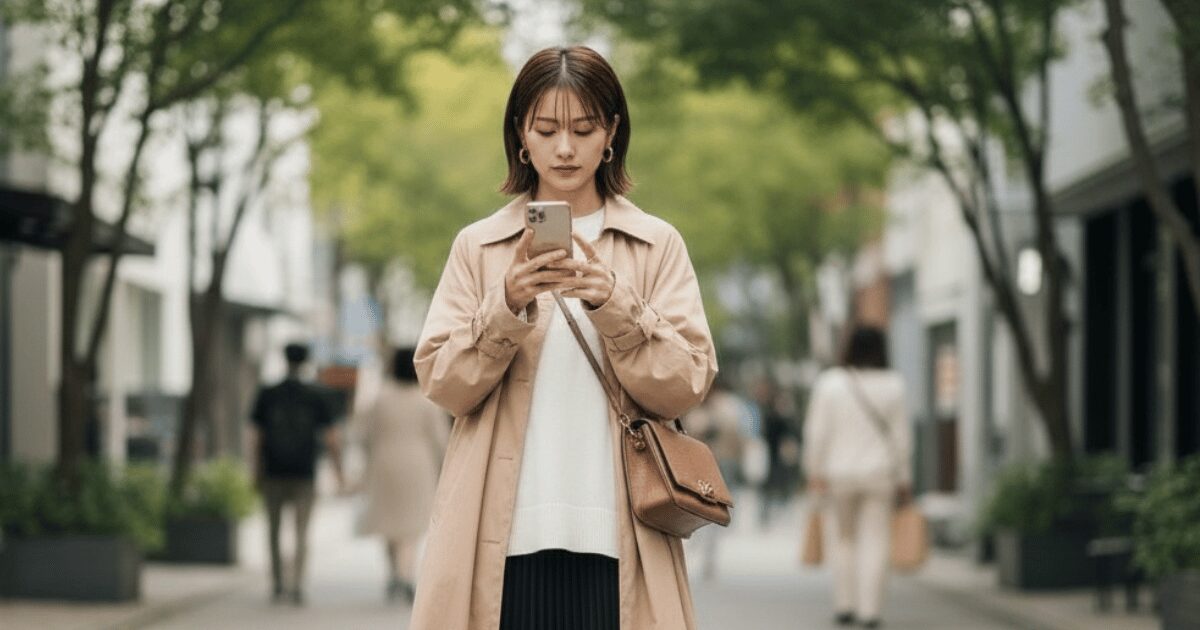 スマートフォンを見つめながら街を歩く若い女性。春の装いで、落ち着いたトーンの通りを歩いている。