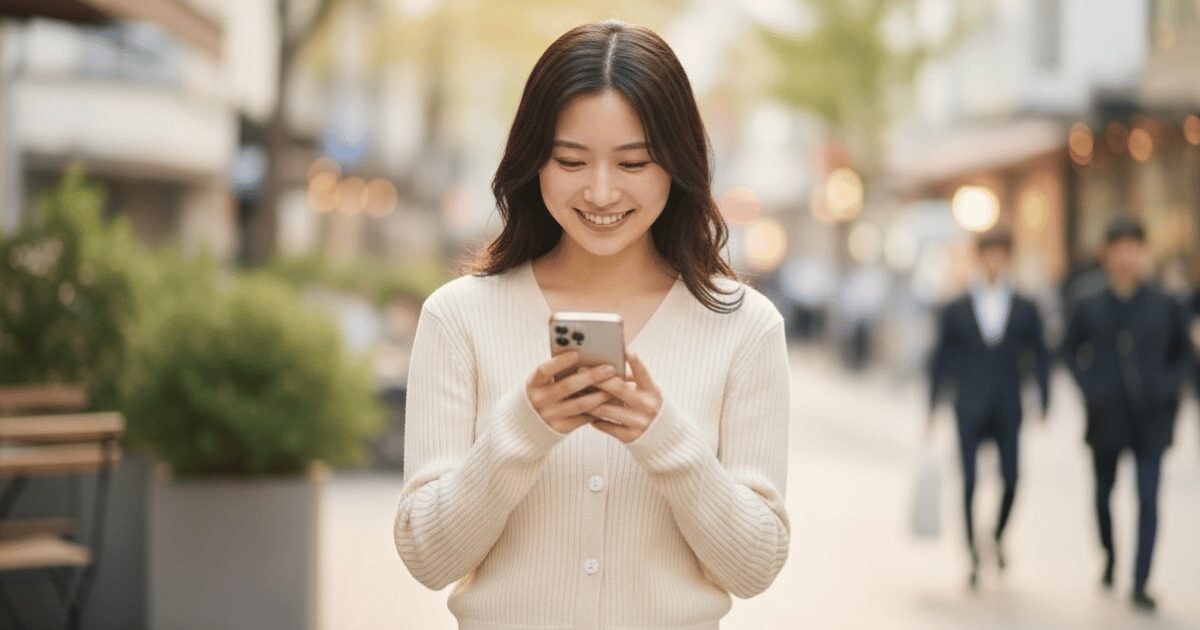 街中でスマートフォンを見ながら微笑む女性