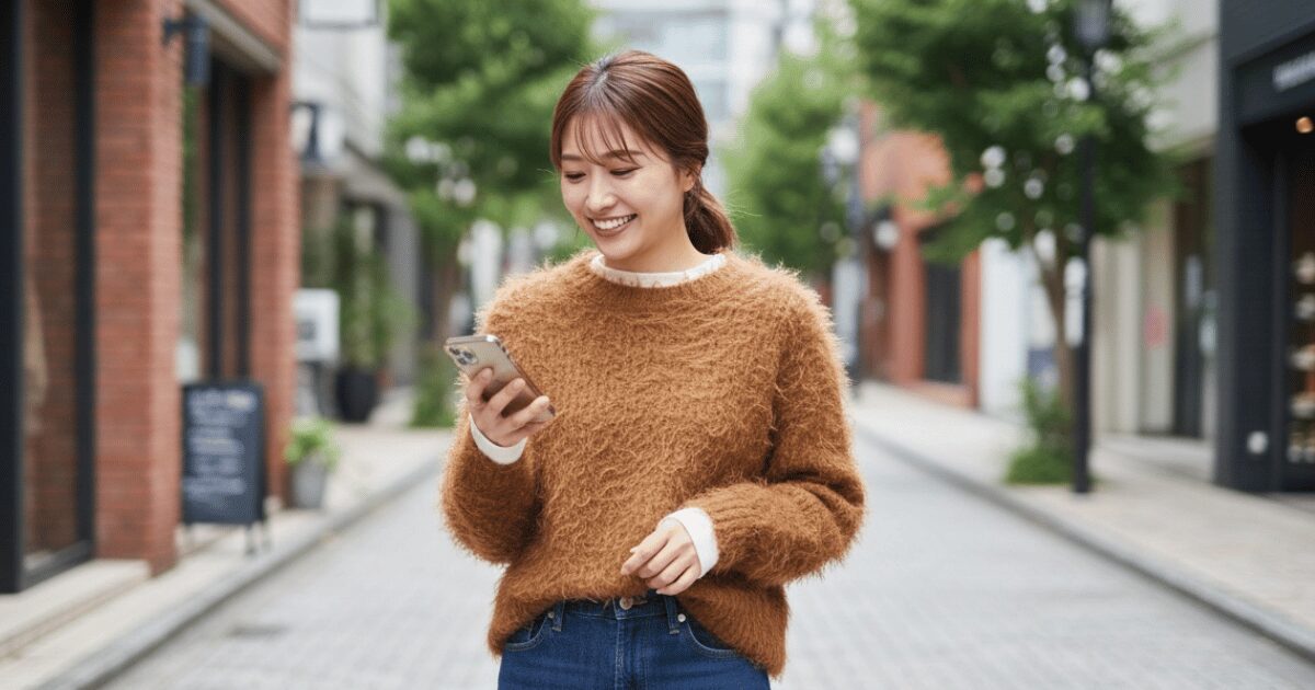 街中でスマートフォンを見ながら笑顔を見せる女性