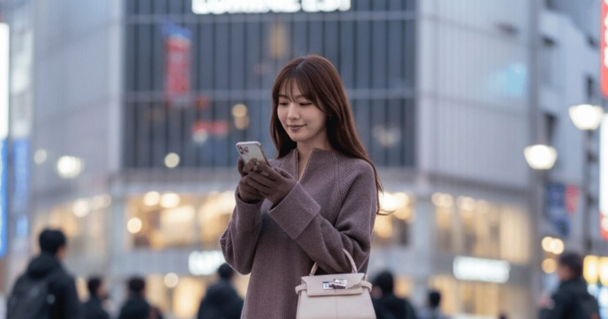 夜の街でスマートフォンを見つめる女性。落ち着いたブラウンのコートを着て穏やかに微笑んでいる。