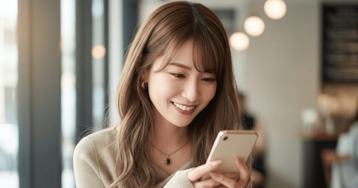 スマホを見ながら微笑む女性がカフェでリラックスしている様子