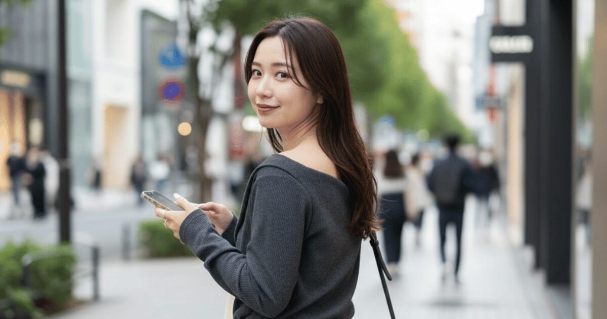都会の通りでスマートフォンを手に振り返る女性。落ち着いたグレーのトップスを着て、穏やかな笑みを浮かべている。
