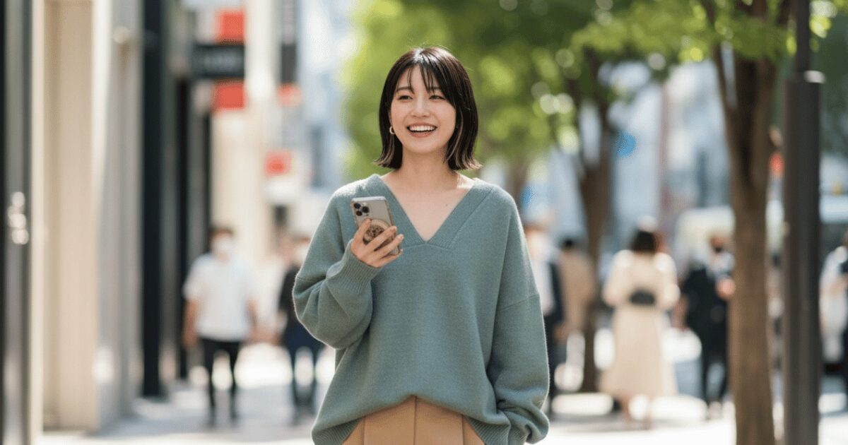 街中でスマートフォンを手に笑顔を見せる女性