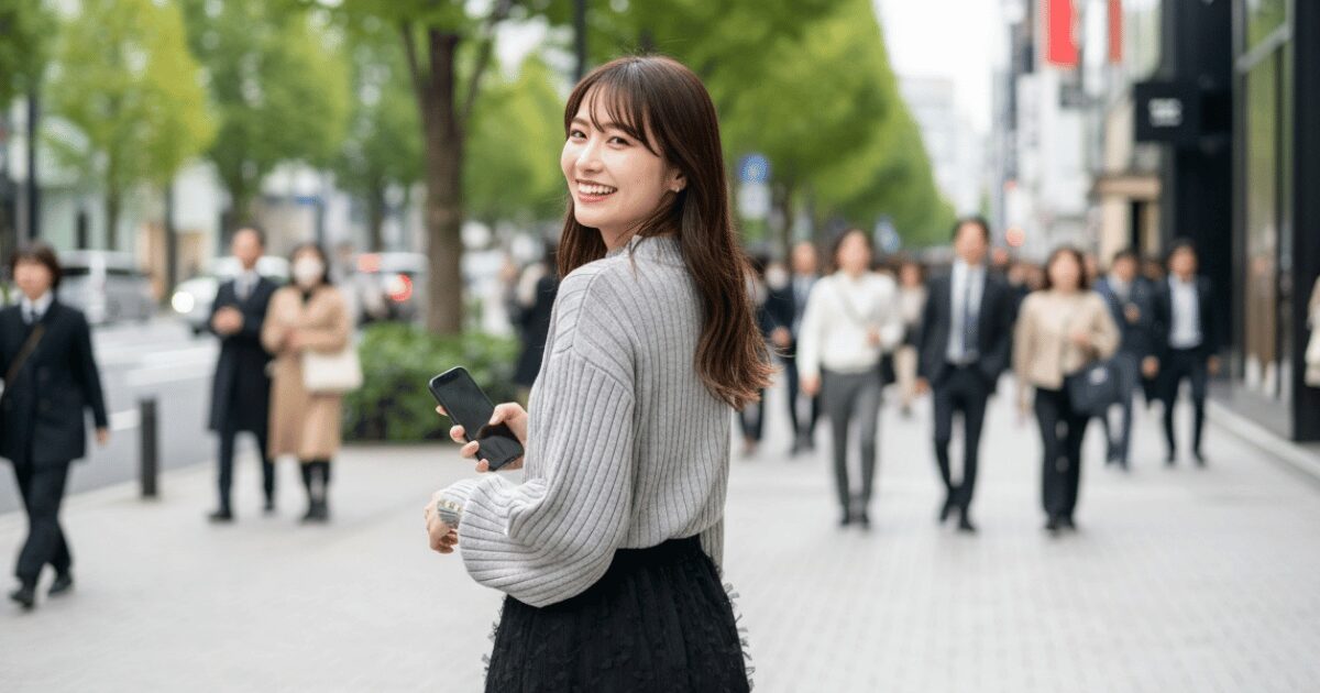 街中でスマートフォンを持ち笑顔で振り返る女性
