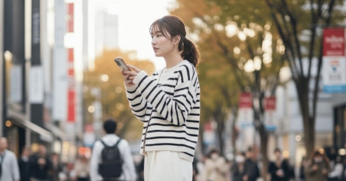 都会の通りでスマートフォンを見つめる女性。ボーダーのニットと白のパンツを着こなしている。