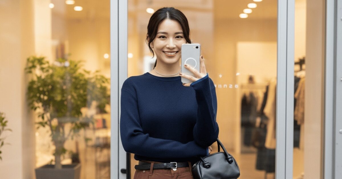 街中でスマートフォンを手に笑顔を見せる女性。ネイビーのニットとブラウンのパンツを着こなしている。