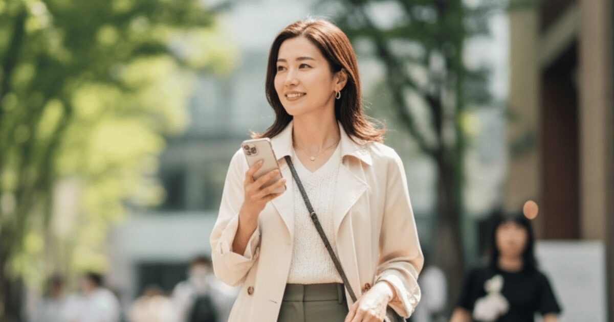 スマートフォンを手に街を歩く笑顔の女性