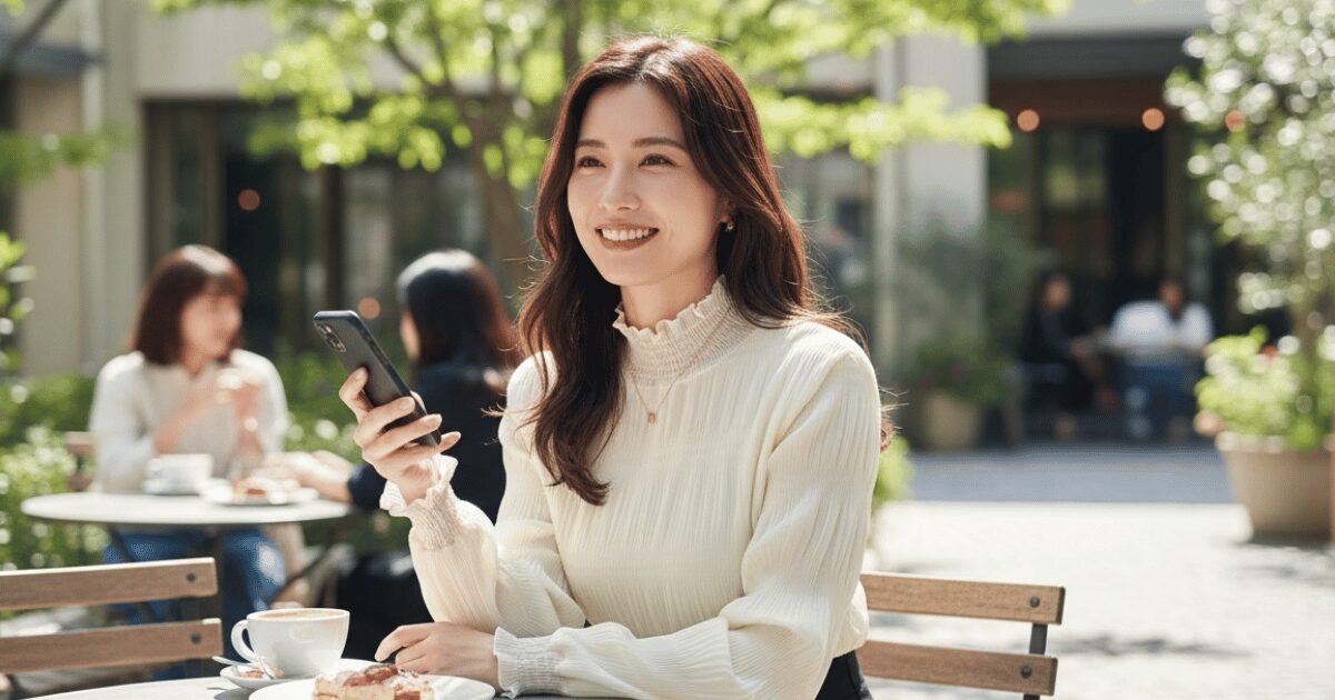 カフェのテラスでスマートフォンを見ながら笑顔を見せる女性