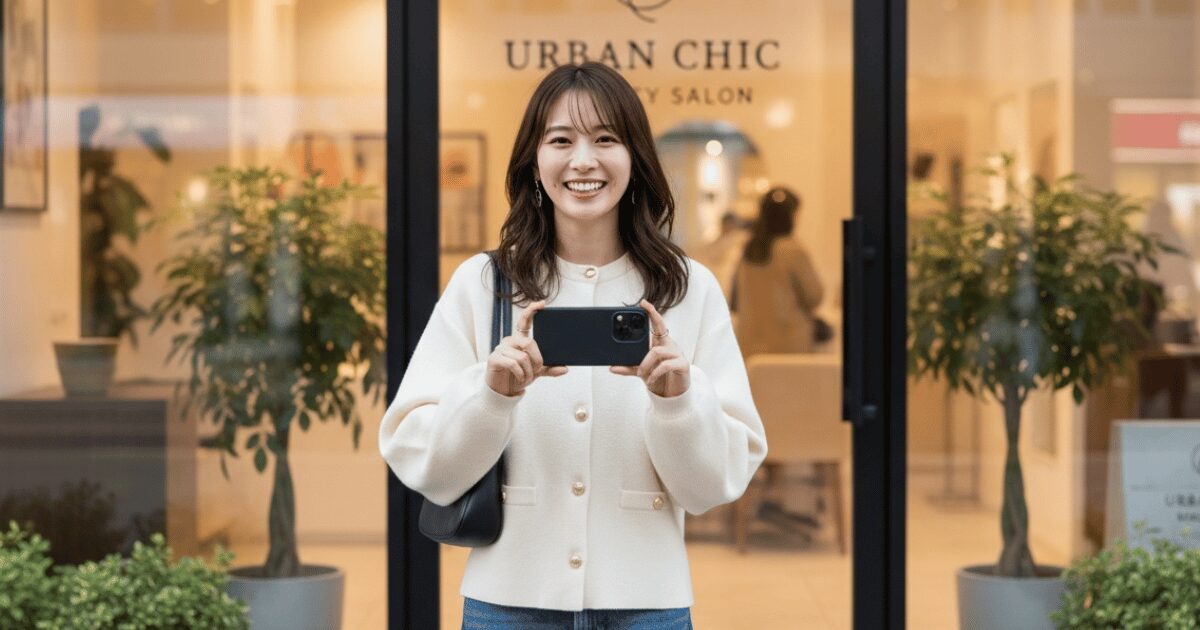美容サロンの前でスマートフォンを持ち笑顔で立つ女性スタッフ