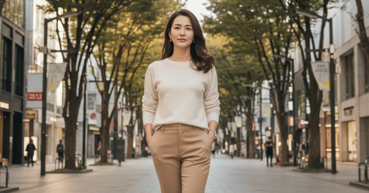 並木道のある都会の通りを、ベージュのパンツと白のトップスで落ち着いた雰囲気の女性が歩いている様子