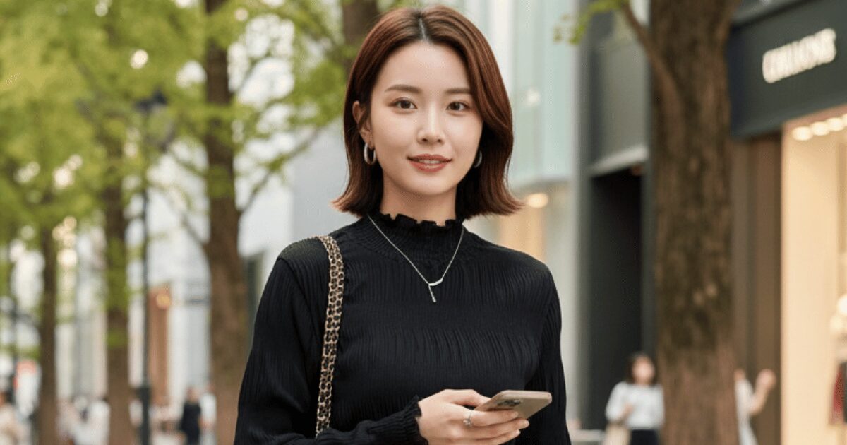 街路樹のある通りでスマートフォンを手に立っている、黒いトップスを着た女性のポートレート写真